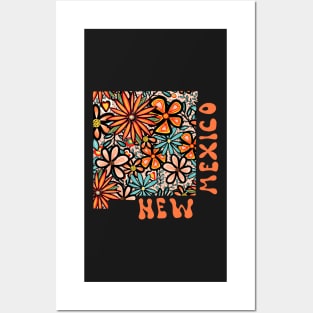 New Mexico State Design | Artist Designed Illustration Featuring New Mexico State Outline Filled With Retro Flowers with Retro Hand-Lettering Posters and Art